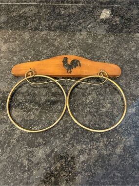 Rooster Wood & Brass Double Hoop Dish Towel Holder - Brown/Gold